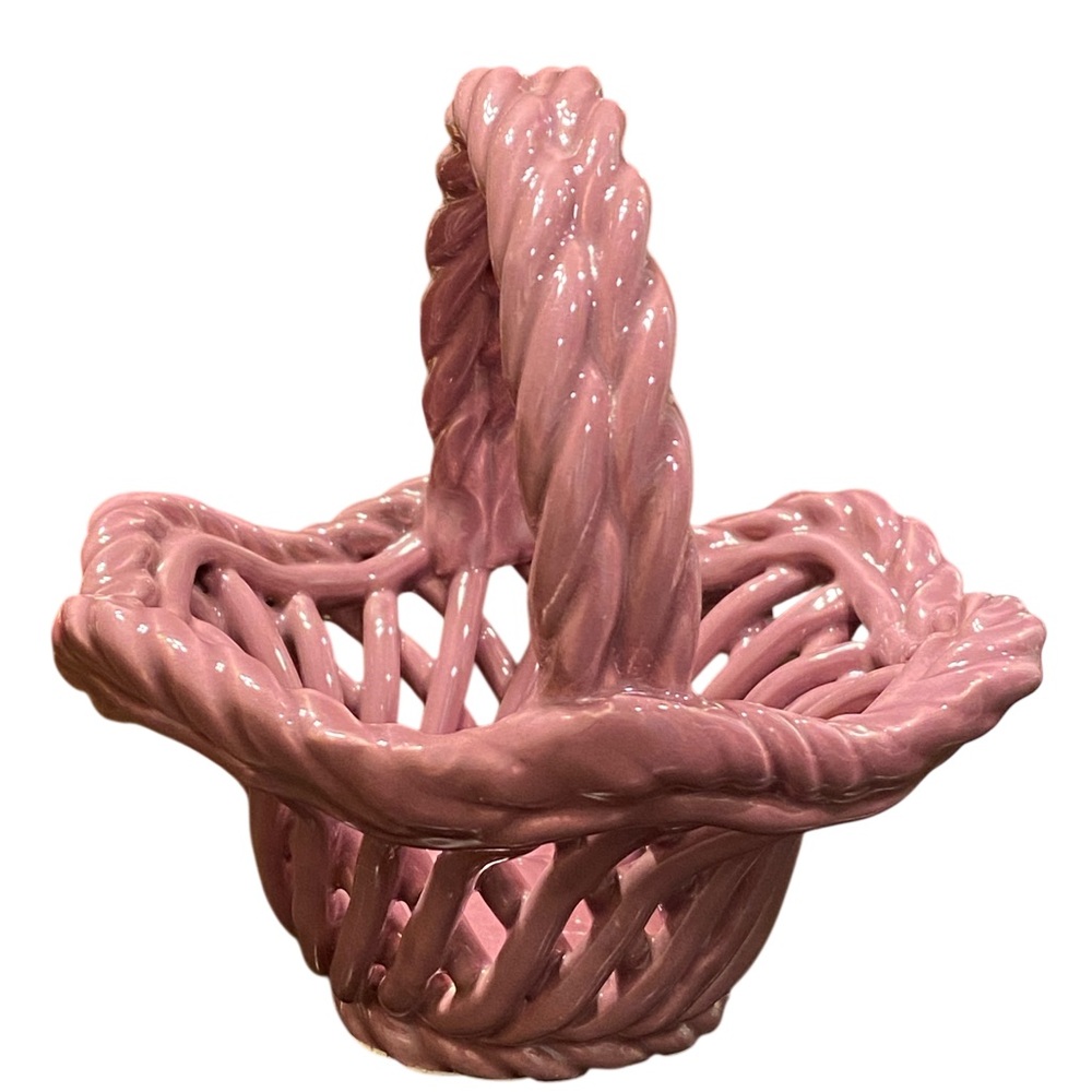 Elegant vintage handmade Pink Ceramic Woven Handled Basket